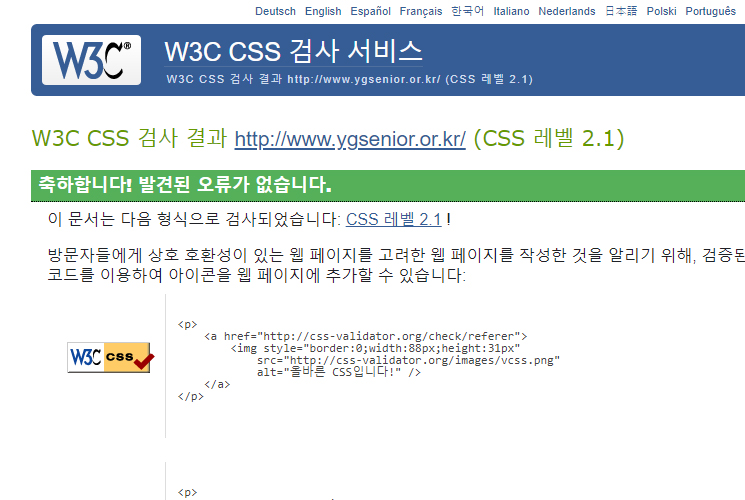W3C CSS 검사 결과 CSS레벨 2.1